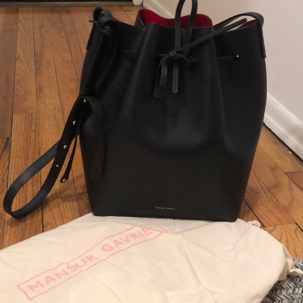 Mansur Gavriel medium size bucket bag. Red inside.